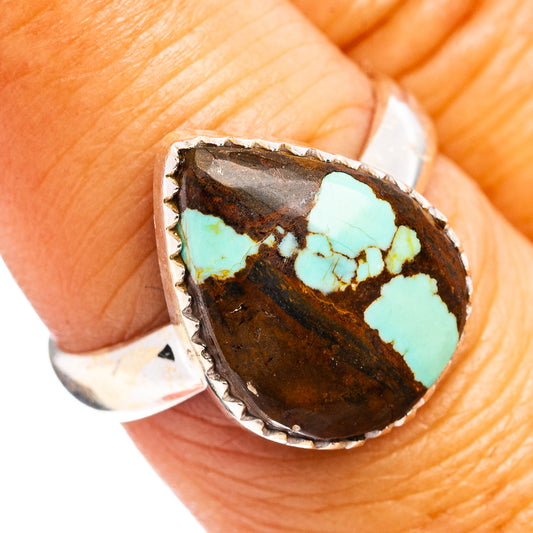 Turquoise inlay sterling silver ring with brown matrix, teardrop bezel