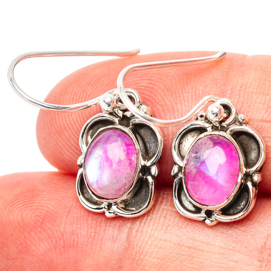 Pink oval moonstone earrings with .925 sterling silver flower bezel and fishhook backs