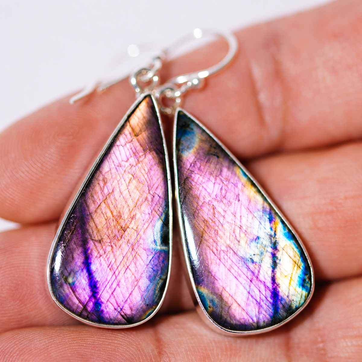 925 sterling silver teardrop earrings with iridescent purple-blue spectrolite stone