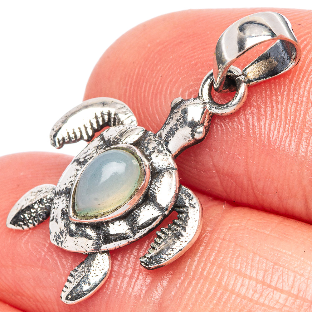 Aqua Chalcedony Seaturtle Dainty Pendant 1 1/8" (925 Sterling Silver) P43549