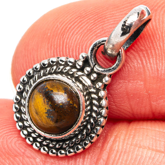 Tiger's Eye dainty pendant in .925 sterling silver with round amber cabochon
