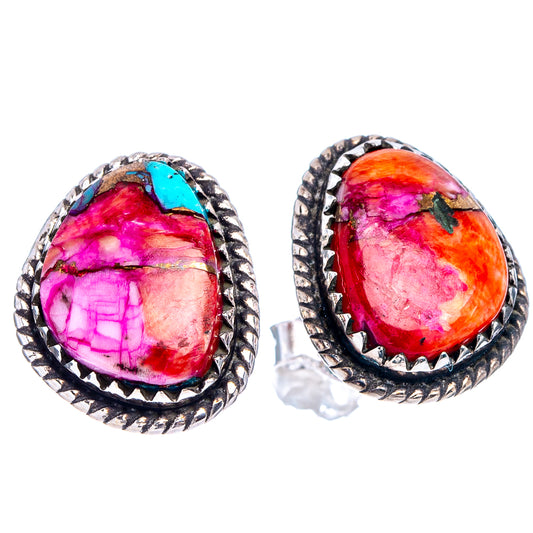 Oval turquoise & fuchsia stone stud earrings, .925 sterling silver setting