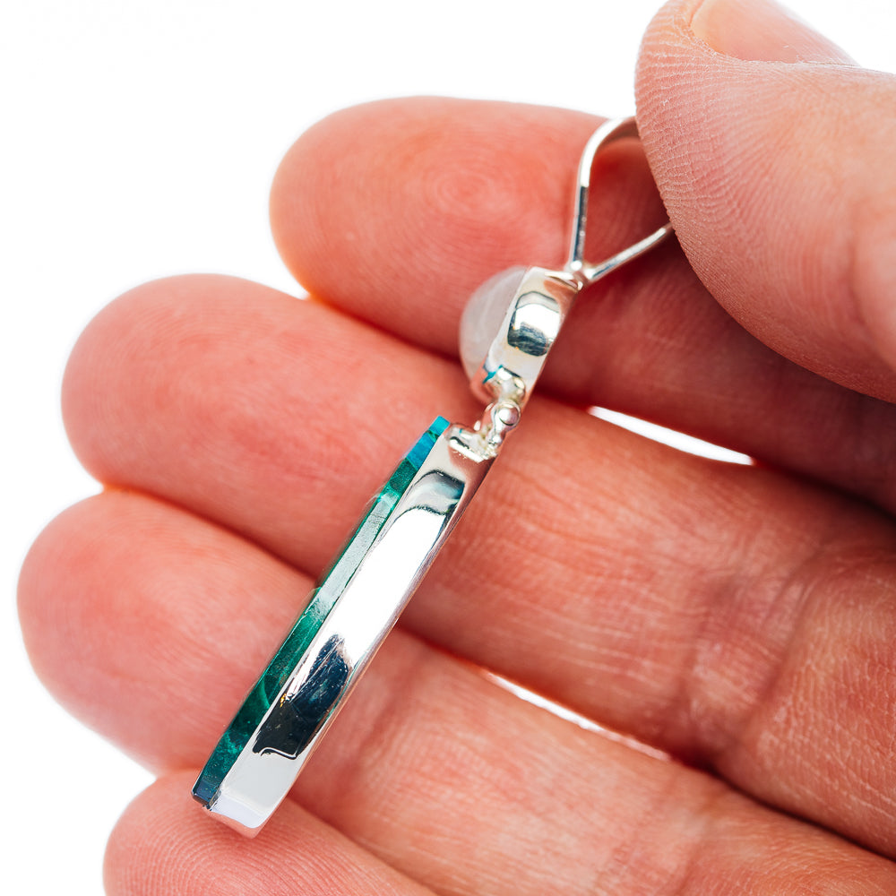 Premium Malachite In Chrysocolla, Rainbow Moonstone Pendant 1 7/8" (.925 Sterling Silver)