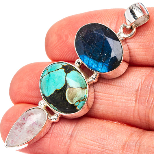 Sterling silver oval gemstone pendant with blue labradorite, turquoise stone, and white moonstone.