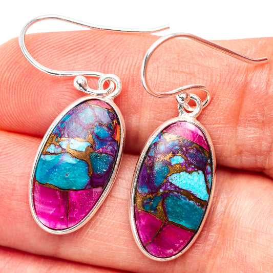 Oval mosaic gemstone dangle earrings in .925 silver with turquoise, purple, and pink stones
