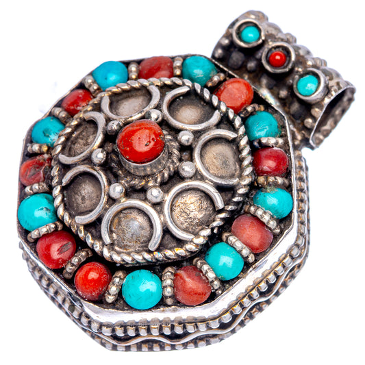 Vintage Native Style Red Coral, Arizona Turquoise Pendant 1 3/8" (925 Sterling Silver) P40119
