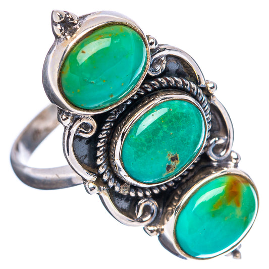 Adjustable .925 sterling silver ring with three oval turquoise cabochons, ornate band