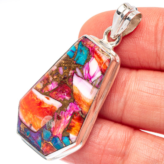 Sterling silver pendant with rectangular multicolor mosaic stone and turquoise accents