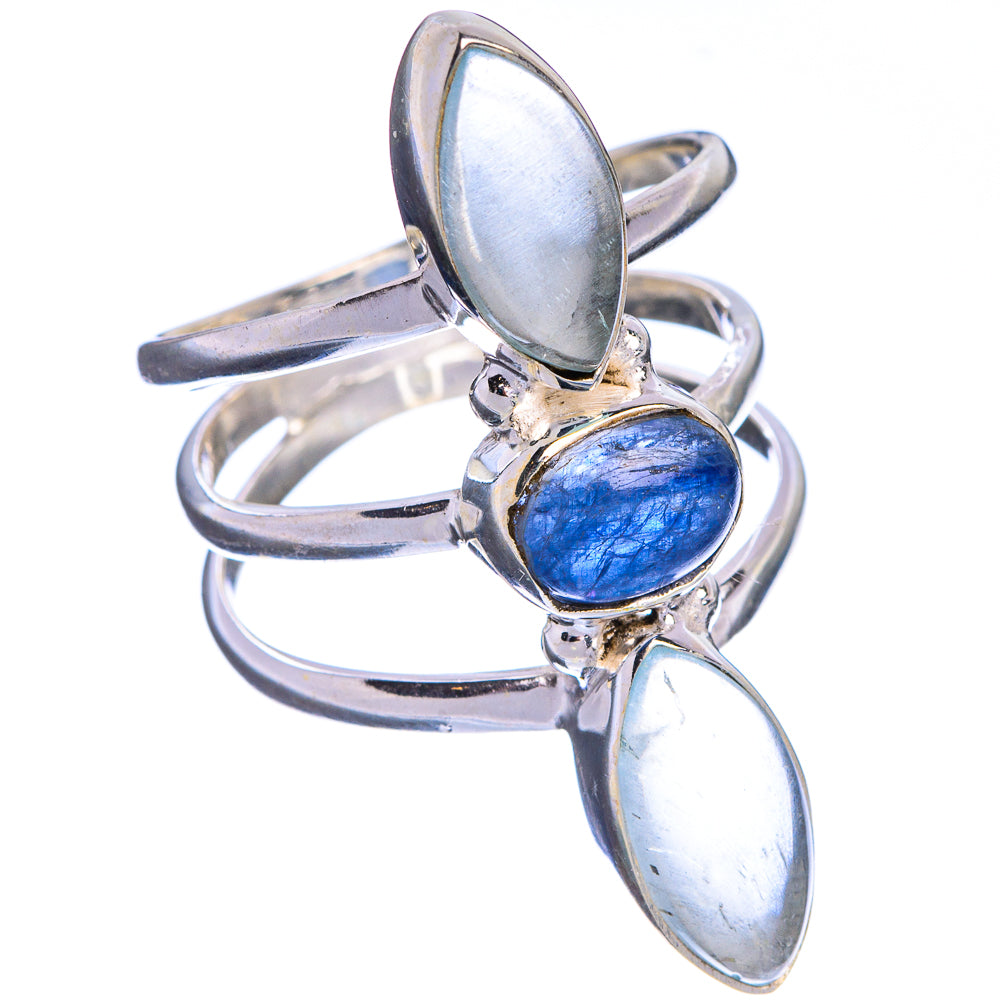 Kyanite and aquamarine sterling silver ring with oval blue center stone and two pale ovals