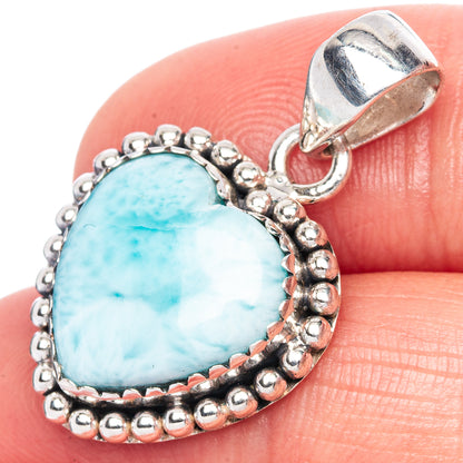Larimar heart pendant in 925 sterling silver, blue heart with beaded border and bail