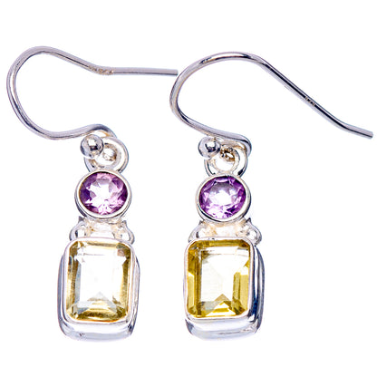 Silver drop earrings with round amethyst top and yellow lemon quartz square pendant