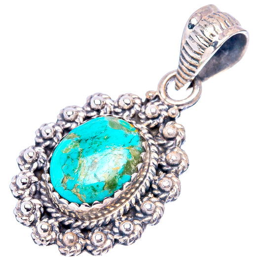 Turquoise oval pendant on .925 sterling silver bail, detailed beaded filigree frame