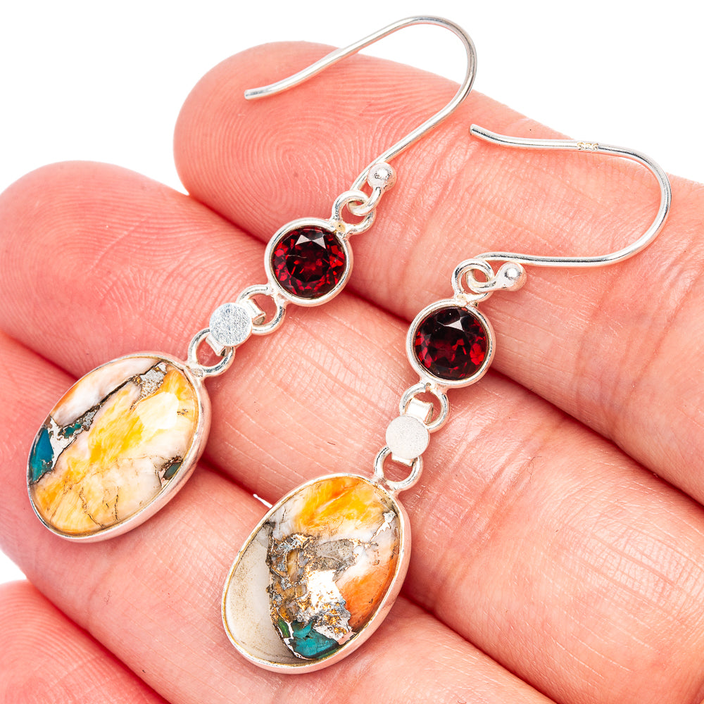 Spiny Oyster Turquoise, Garnet Earrings 1 3/4" (925 Sterling Silver) E433251
