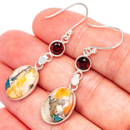 Spiny Oyster Turquoise, Garnet Earrings 1 3/4" (925 Sterling Silver) E433251