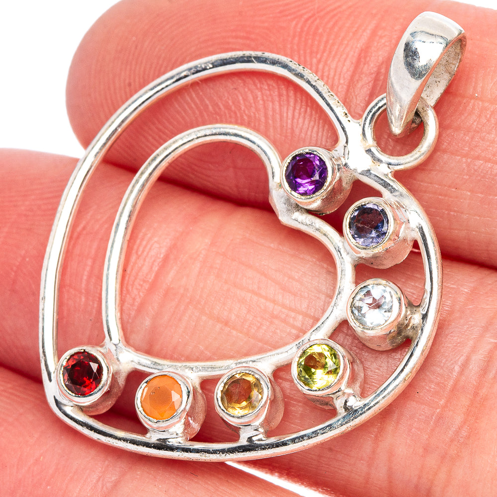 Sterling silver heart pendant with multicolor gemstone accents and round bail