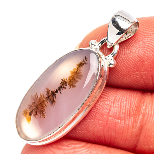 Oval dendritic agate pendant in sterling silver bezel, gold tree-like inclusions