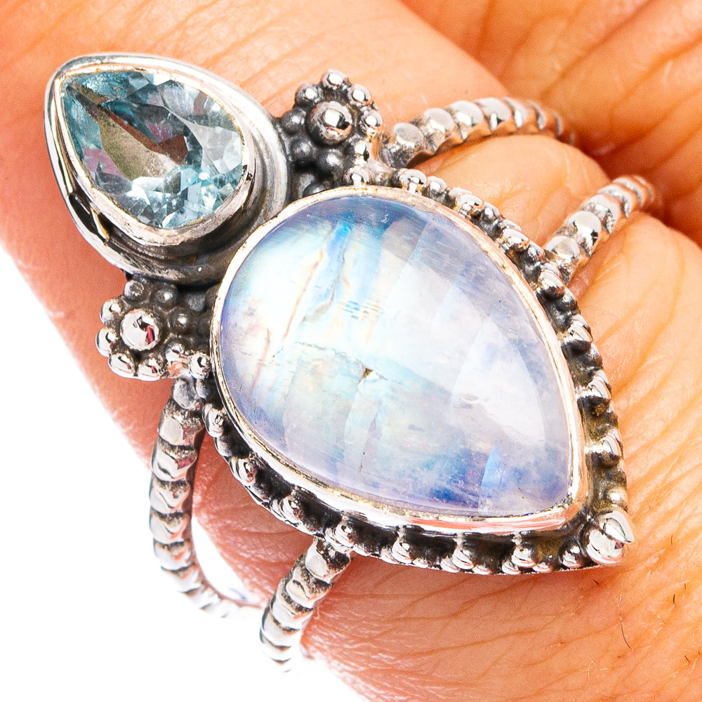 Rainbow Moonstone, Blue Topaz Ring Size 8.75 (.925 Sterling Silver)
