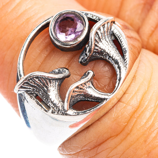 Amethyst dainty sterling silver ring with purple mushroom motif and round bezel