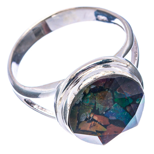 Sterling silver ring with round faceted iridescent mosaic gemstone, side angle view