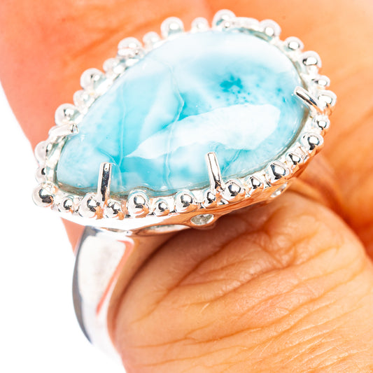 Oval blue larimar gemstone ring in .925 sterling silver, ornate bezel with prongs