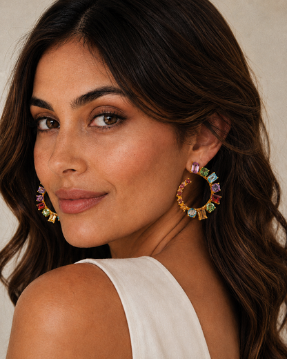 Blue Topaz, Amethyst, Perdiot, Citrine, Rhodolite Garnet C-Hoop Earrings 1 1/8" (.925 Sterling Silver) 24k Gold Plated