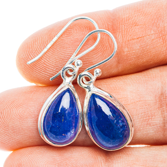 Sterling silver teardrop tanzanite earrings with blue gemstone, French hook style