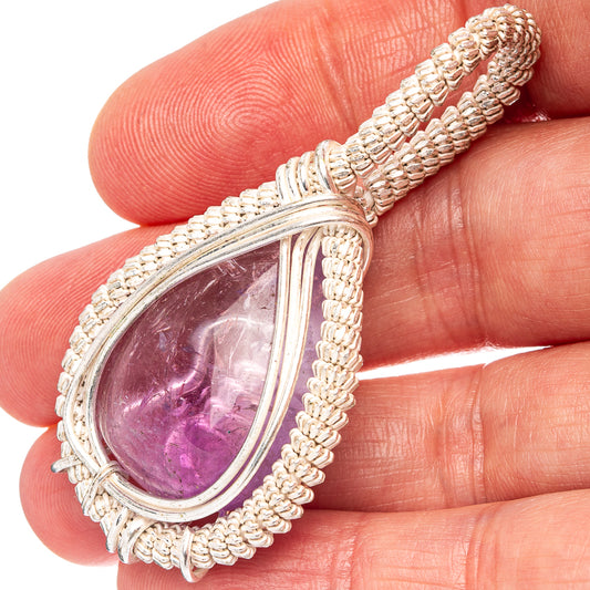 Amethyst wire-wrap pendant in oxidized copper, teardrop cabochon bezel