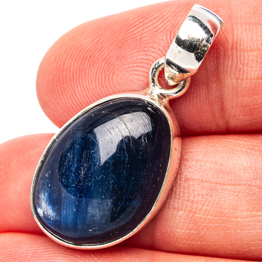Oval blue kyanite cabochon pendant with .925 sterling silver bezel and bail