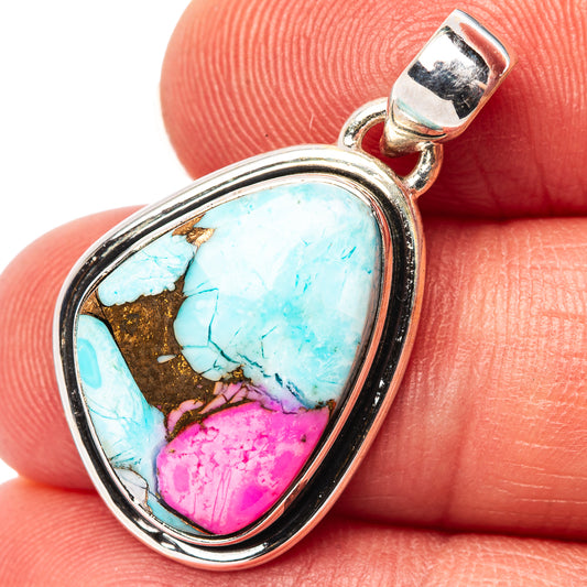 Teardrop turquoise pendant in .925 sterling silver with pink and gold matrix inlay
