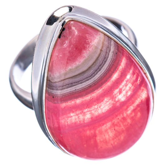 Sterling silver rhodochrosite ring with glossy pink teardrop cabochon in bezel