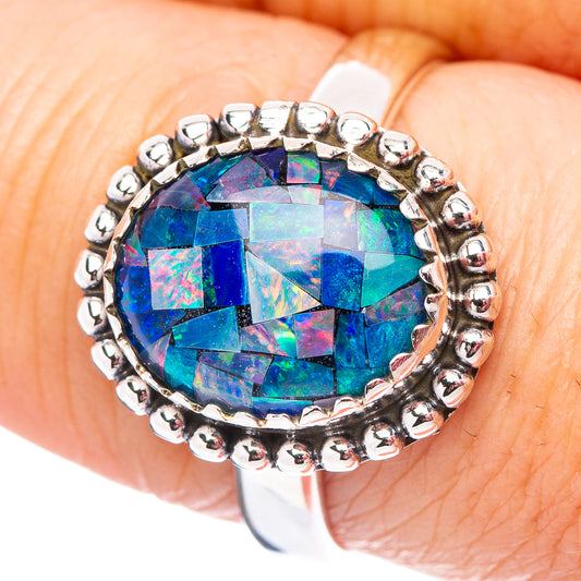 Opal triplet oval ring in .925 sterling silver, blue-green mosaic gemstone bezel