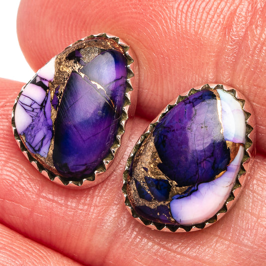 Sterling silver statement earrings with oval purple-blue gemstone and gold edging