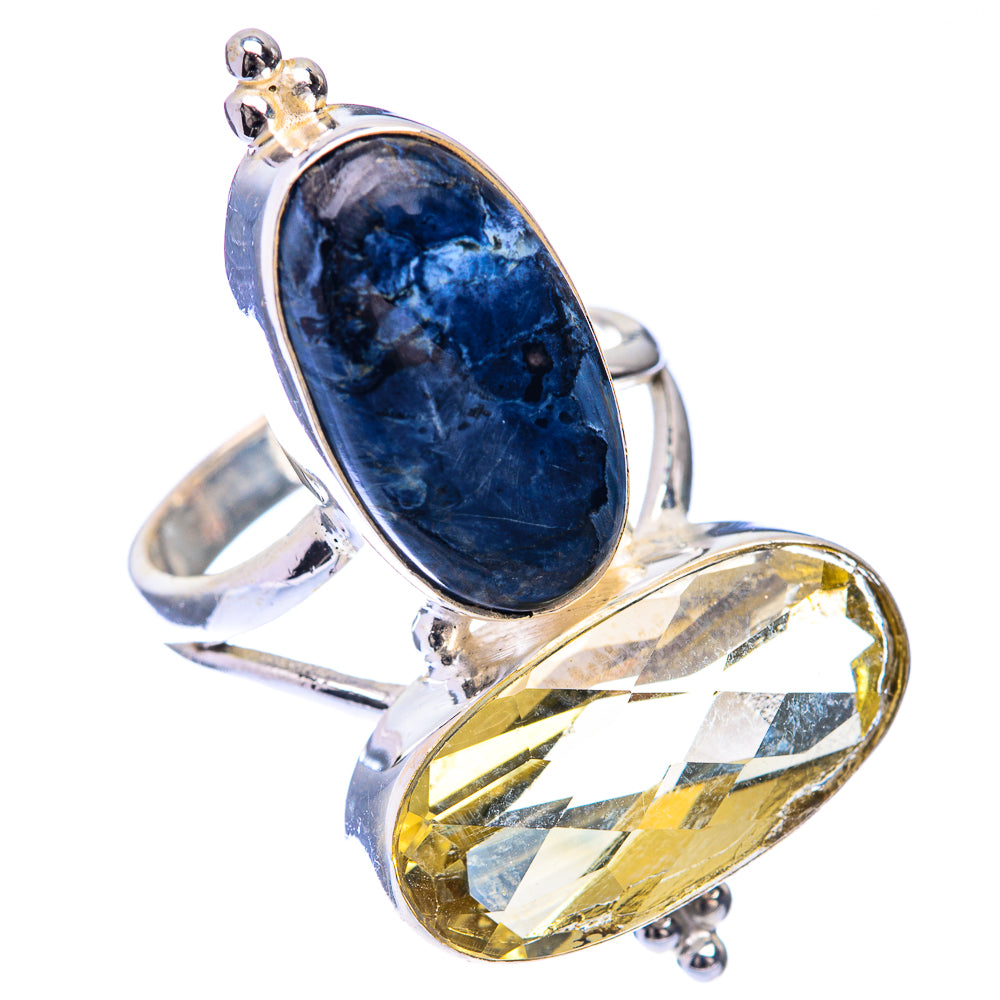 Two-stone oval gemstone ring: dark blue pietersite and yellow citrine on silver band