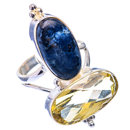 Two-stone oval gemstone ring: dark blue pietersite and yellow citrine on silver band