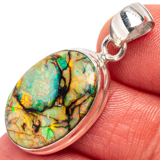 Sterling silver opal pendant with oval bezel, iridescent green and yellow stone