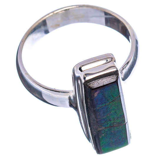 Sterling silver ring with raised rectangular ammolite stone and V-shaped metal sides