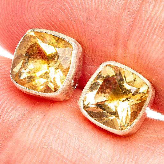 Square faceted citrine gemstone studs in polished 925 sterling silver settings