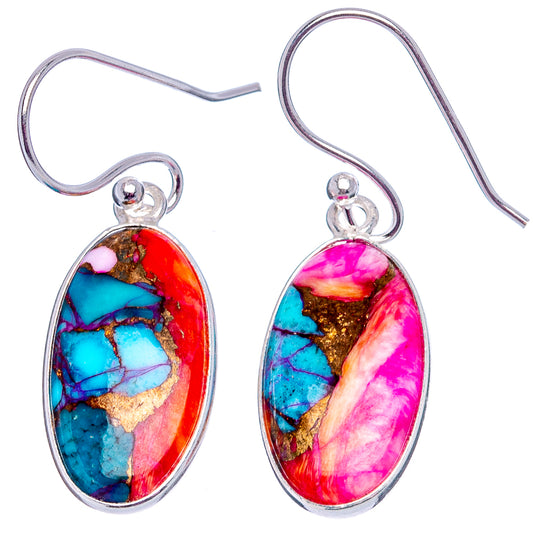 Pair of oval pink and turquoise stone-effect drop earrings in sterling silver with hooks