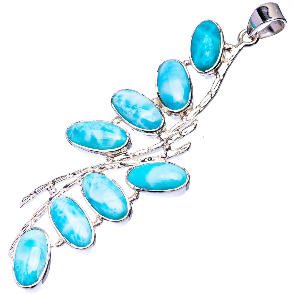 Oval larimar stone pendant with 925 sterling silver prong setting and leaf branch design