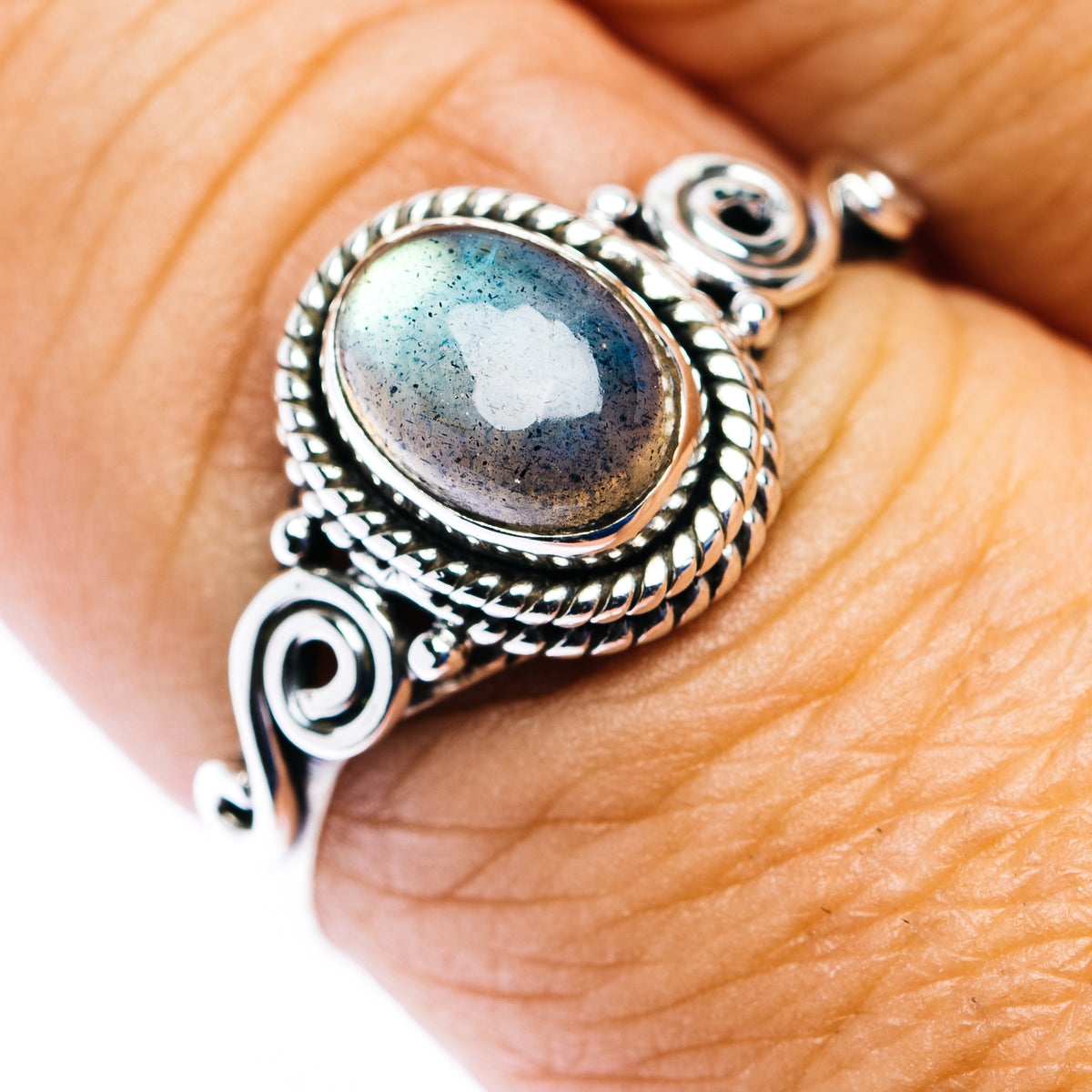 Dainty oval labradorite sterling silver ring, ornate rope bezel and scroll sides