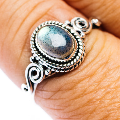 Dainty oval labradorite sterling silver ring, ornate rope bezel and scroll sides