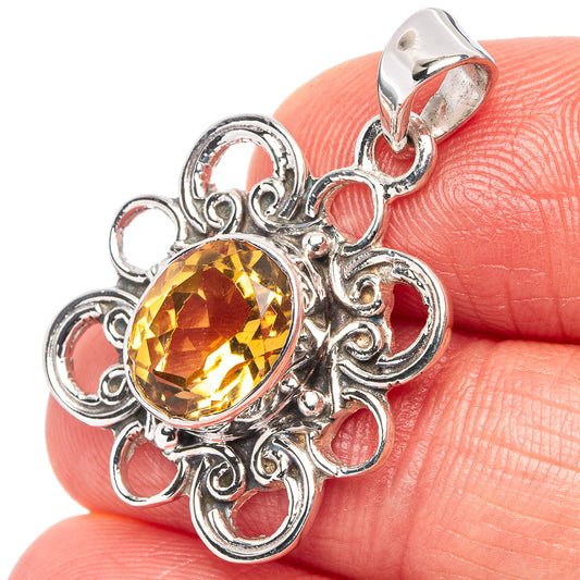 Round citrine-yellow gemstone pendant in ornate .925 sterling silver filigree setting