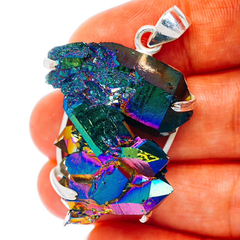 Sterling silver pendant with rainbow quartz crystal cluster, bail and bezel