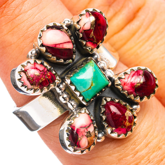 Adjustable silver ring with turquoise and red inlaid gemstone cluster, ornate setting