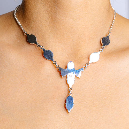 Triplet opal necklace with dark blue oval cabochon stones and angel cross pendant