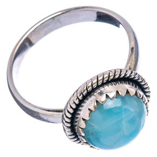 Sterling silver Larimar ring with round light-blue stone and braided bezel