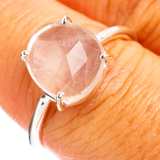 Faceted rose quartz ring, polished sterling silver oval setting with 4 prongs