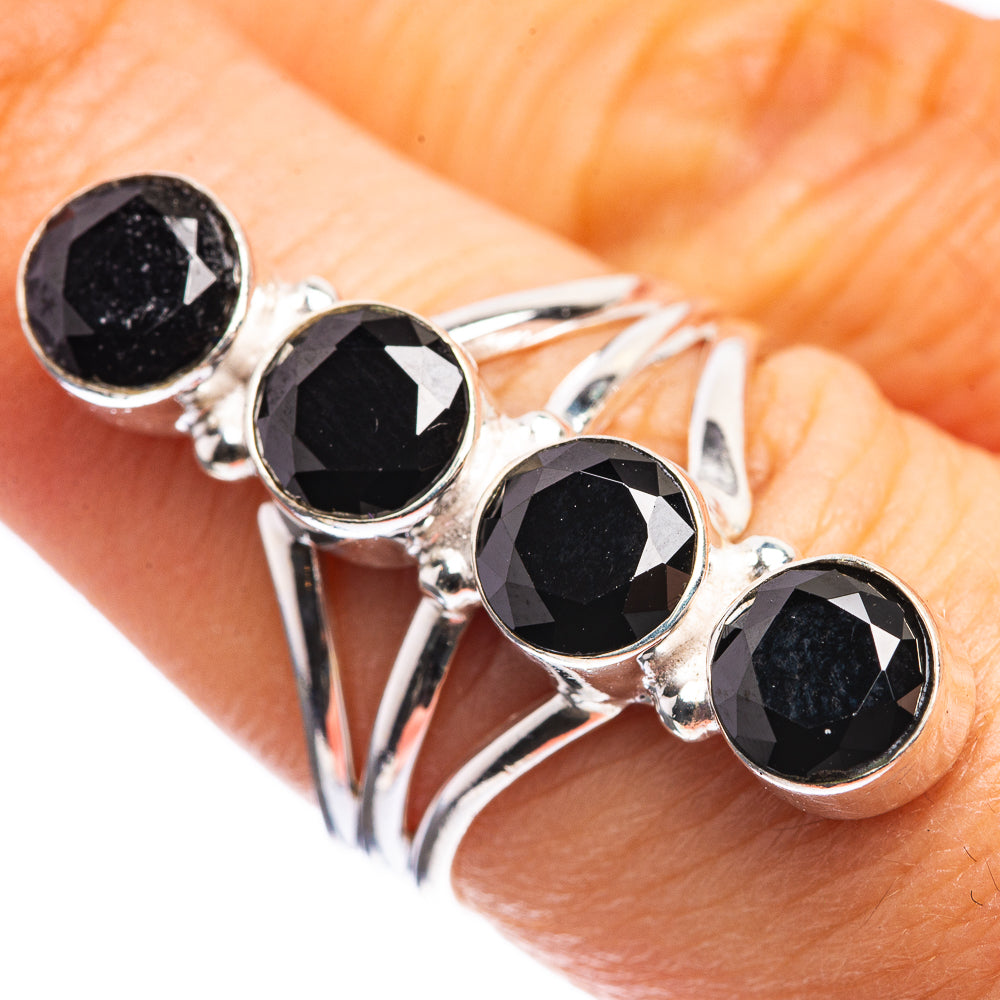 Black onyx multi-stone ring with 4 round dark gems on 925 sterling silver band, size 6.5