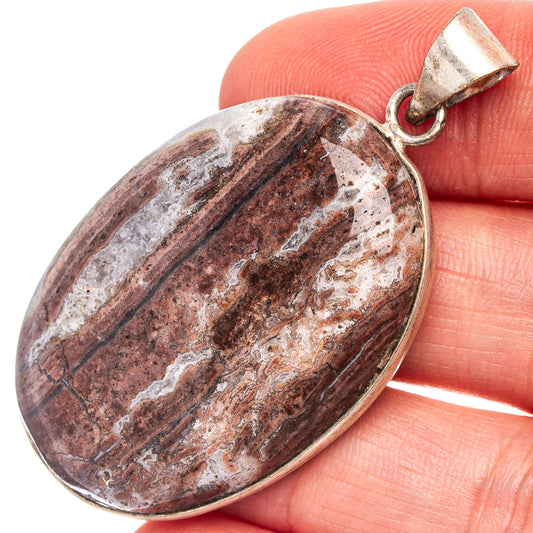 Silver-plated oval lace agate pendant with bail, brown-and-gray stone cabochon