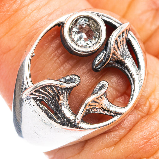 925 sterling silver mushroom dainty ring with blue gemstone center, detailed band.